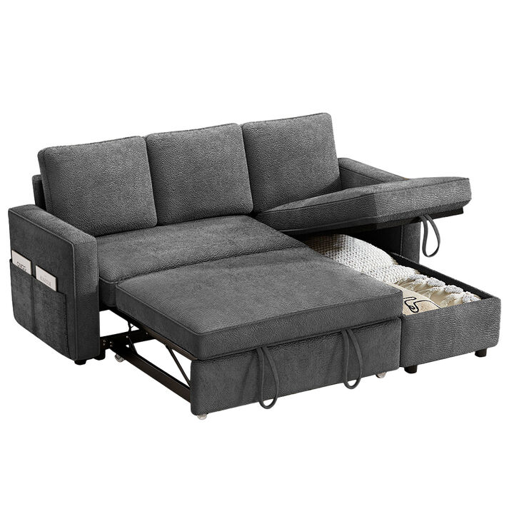81" Sleeper Sofa Bed, 2 in 1 Pull Out Couch, Sectional Sofa with Reversible Storage, Side Pockets