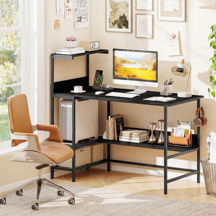Computer Desk with Built In Power Outlets and Shelves for Home Office
