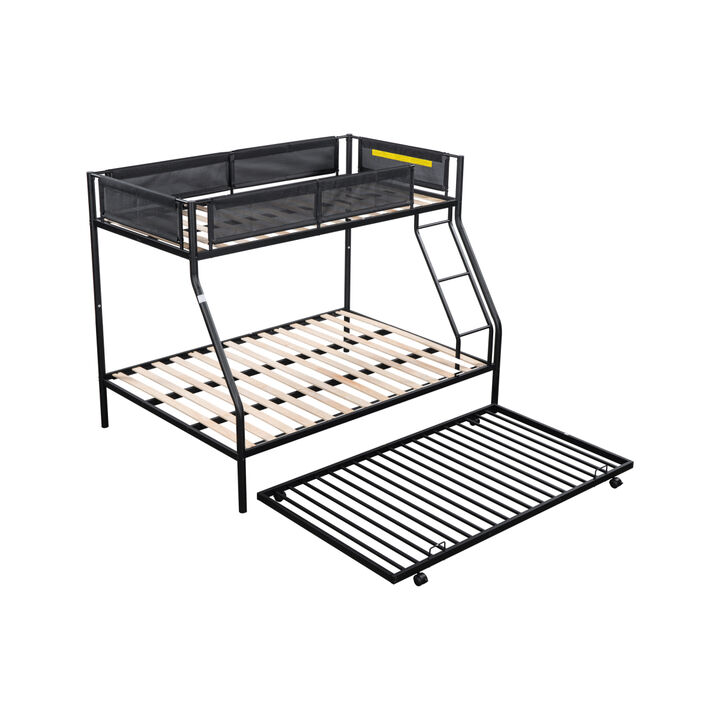 Twin over Full Metal Bunk Bed with Trundle (Wood Slat and Textilene Guardrail)