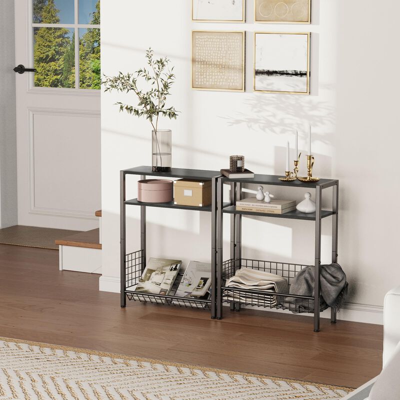 Lifenite DIY Narrow Side Table, 3 Tier End Table with Various Storage Basket, Slim Sofa Side Table for Small Spaces, Skinny Nigh