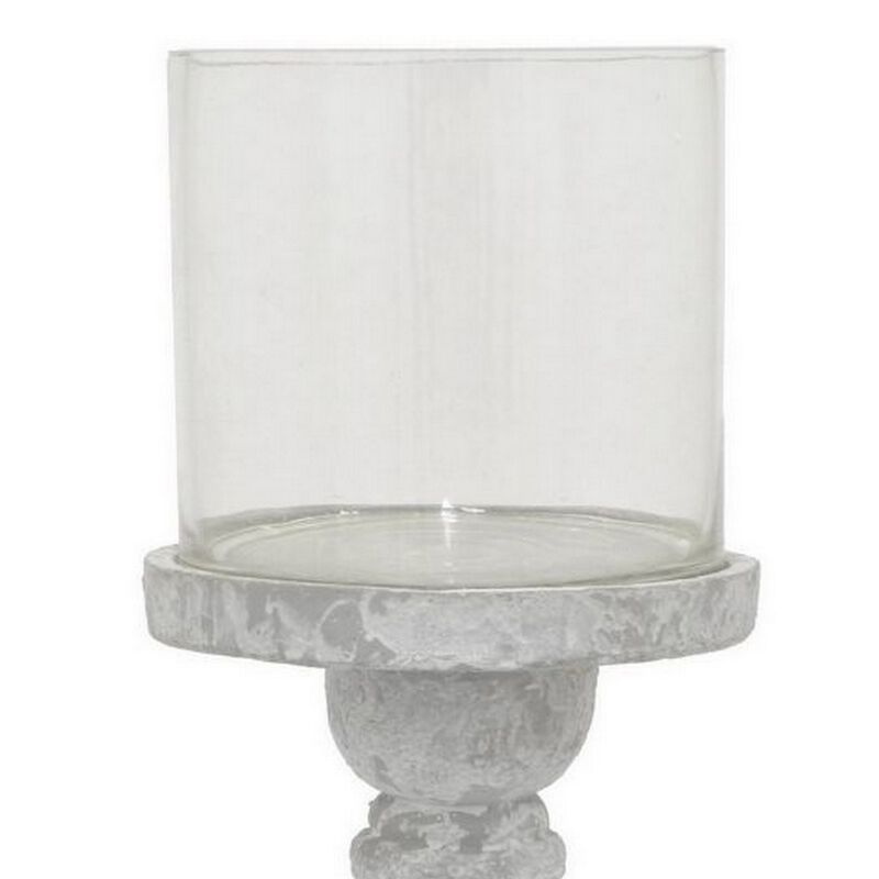 Kris Candle Holder with Hurricane Glass Top, White Gray Ceramic 7 Inch - Benzara
