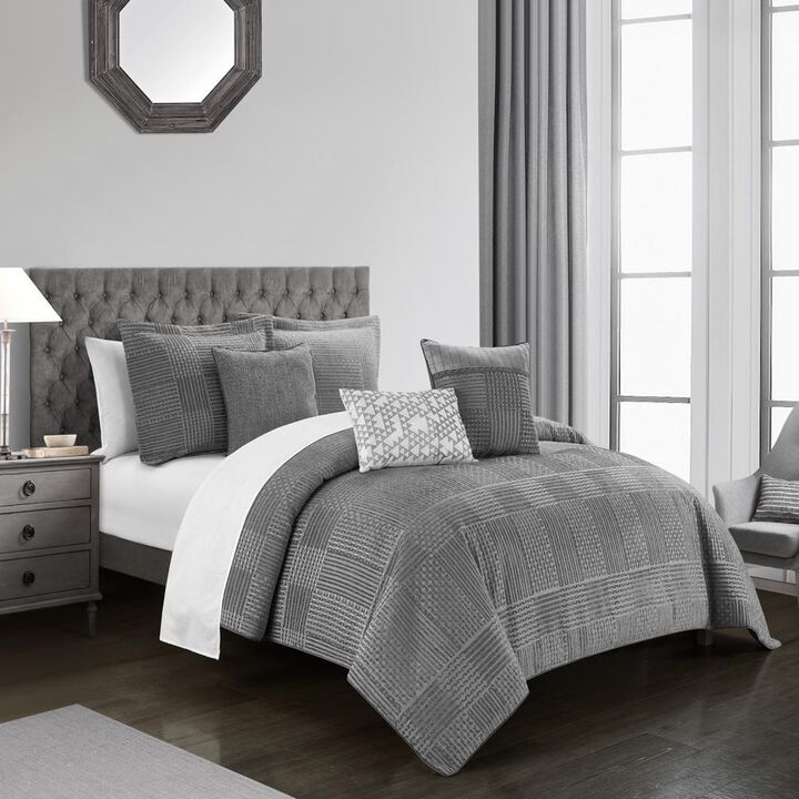 Chic Home Jodie Comforter Set Chenille Geometric Pattern Design Bed In A Bag - Sheet Set Decorative Pillows Shams Included - 10-Piece - King 106x96", Grey