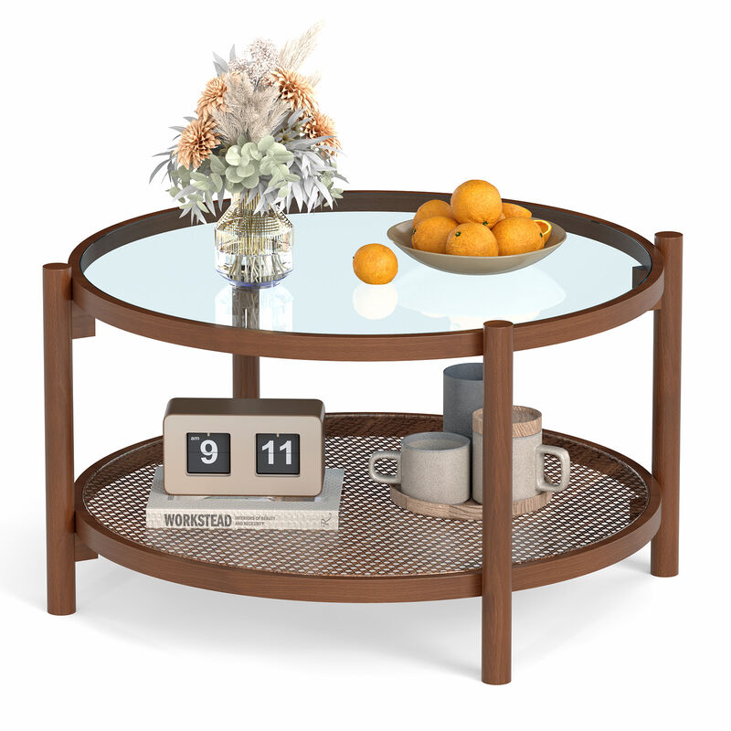 Elegant 2-Tier Round Coffee Table with Glass Surface and Open Storage