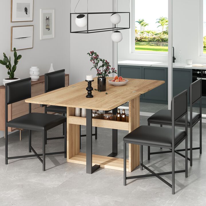 Whisen Modern 5-Piece Extendable Dining Table Set, Foldable Square Table with Leather Upholstered Chairs - Black