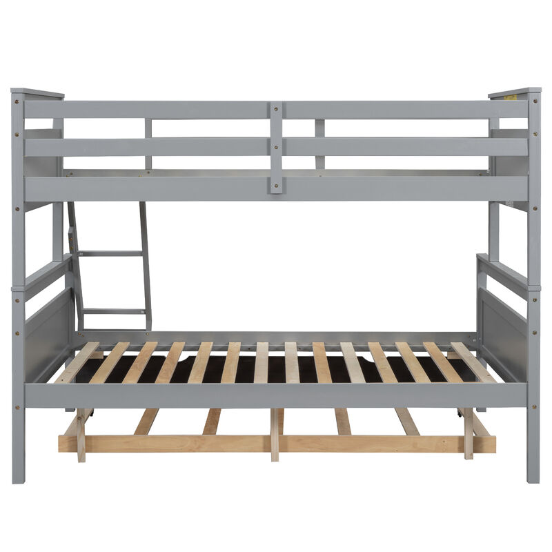 Whisen Twin over Full Bunk Bed with Ladder, Twin Size Trundle, Safety Guardrail - Gray