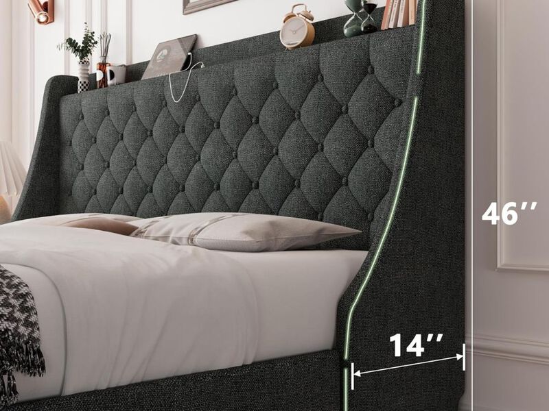 King Size Bed Frame With 4 Storage Drawers, Upholstered Storage Bed With Charging Station, Tufted Wingback Headboard, No Box Spring Needed, Dark Grey