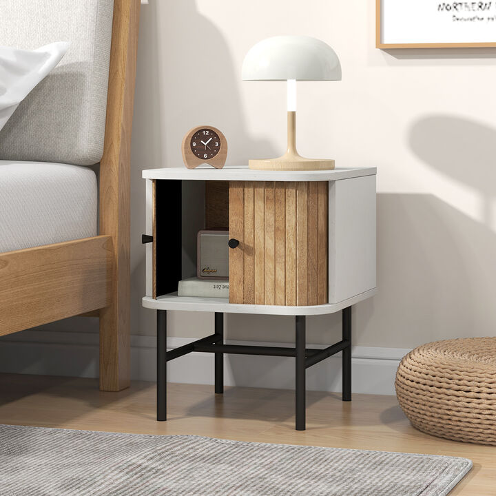 Mid-century Modern Nightstand with Sliding Doors and Storage Cabinet