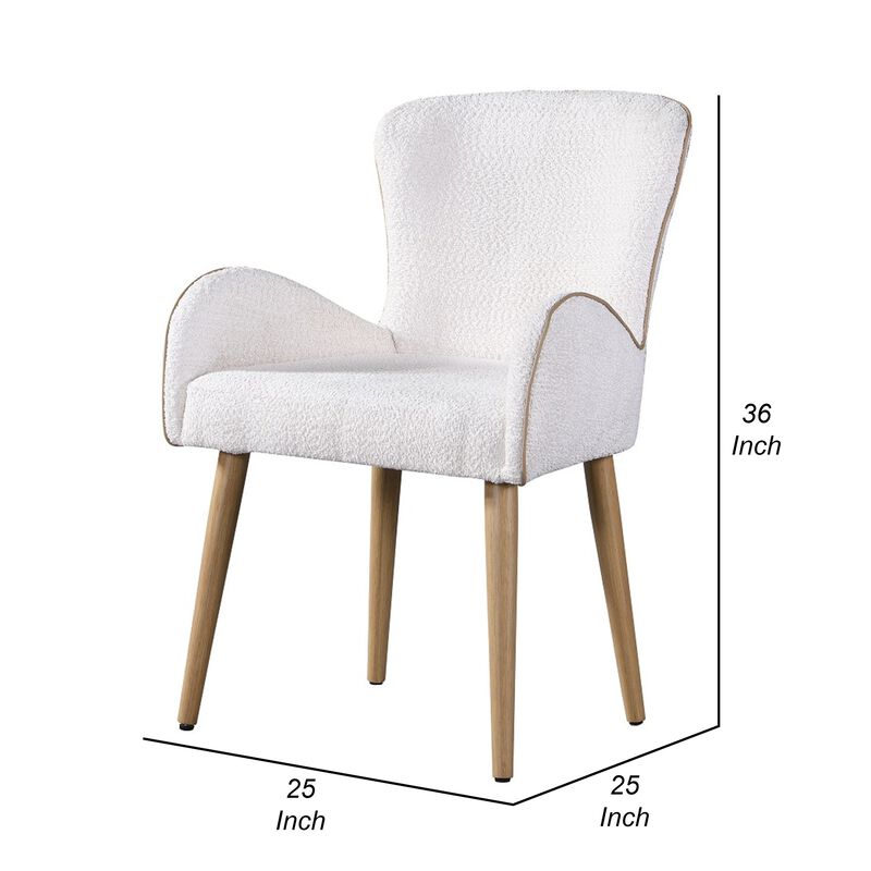 Willy Side Chair Set of 2, White Boucle, Soft Padding, Brown Wood Legs - Benzara