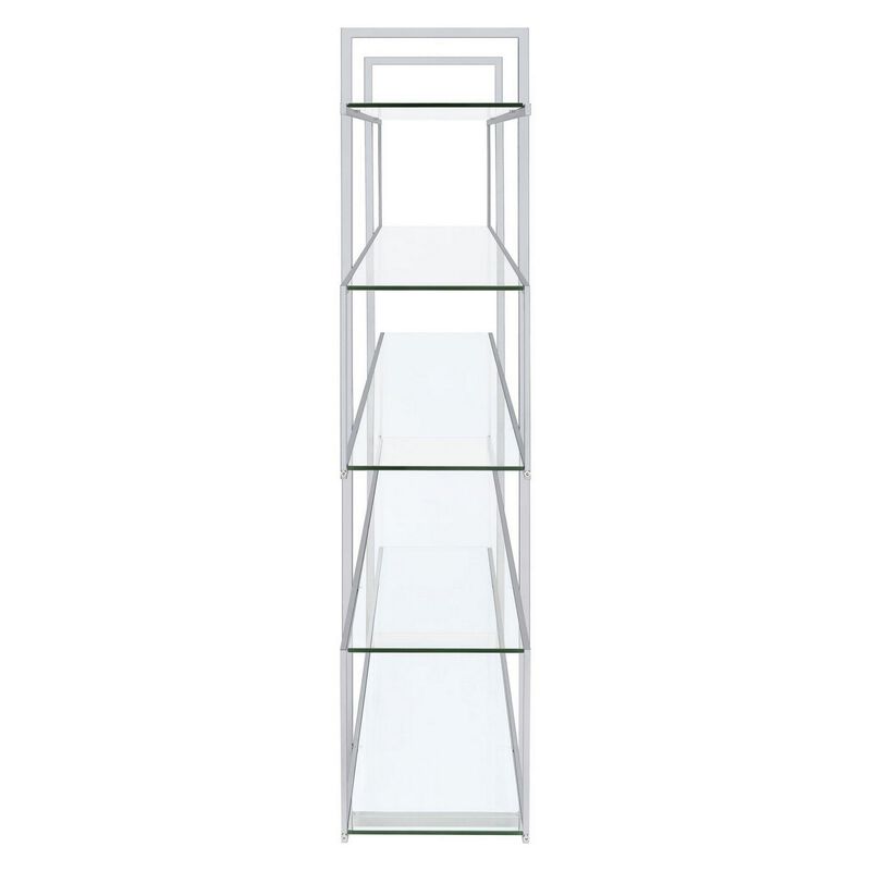 Bookcase with 5 Tempered Glass Shelves and Electroplated Frame, Chrome-Benzara