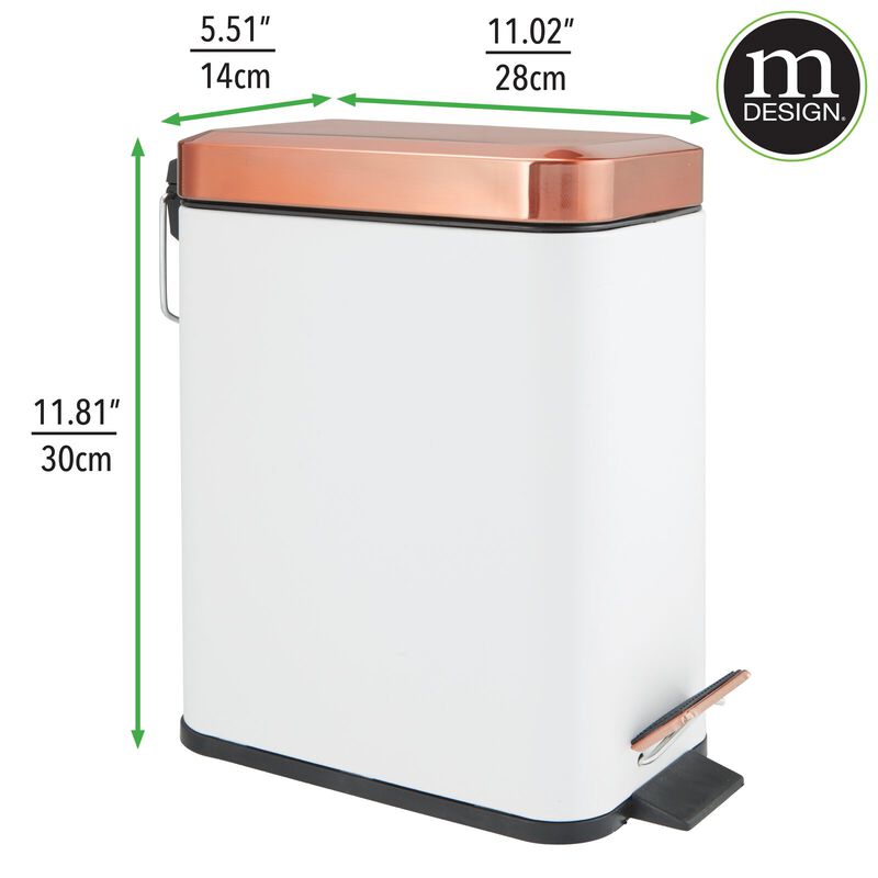 mDesign Small 1.3 Gallon Rectangle Metal Step Can, Liner/Handle, White/Rose Gold image number 3