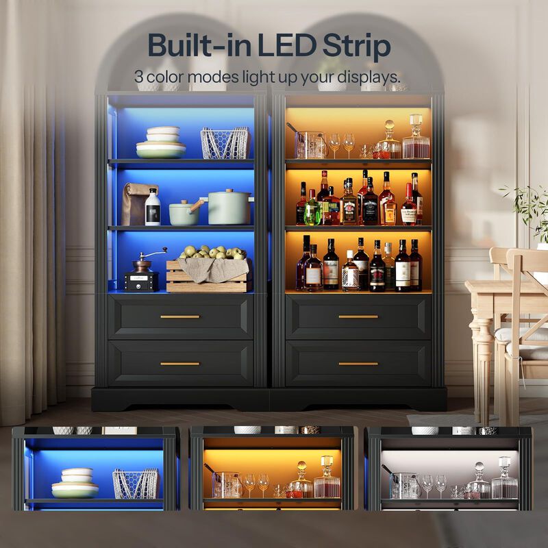 Arched Wooden Bookcase with Lights and 2 Drawers, Storage Display Shelf-Black image number 4