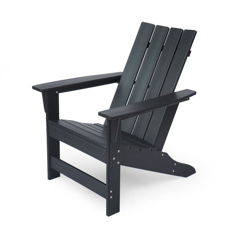 Elisa Outdoor Adirondack Chair, Waterfall Front, Slatted, Black Finish - Benzara