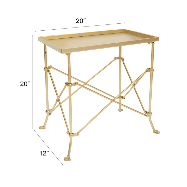 Vintage Rectangular Metal End Table with Claw Feet, Gold