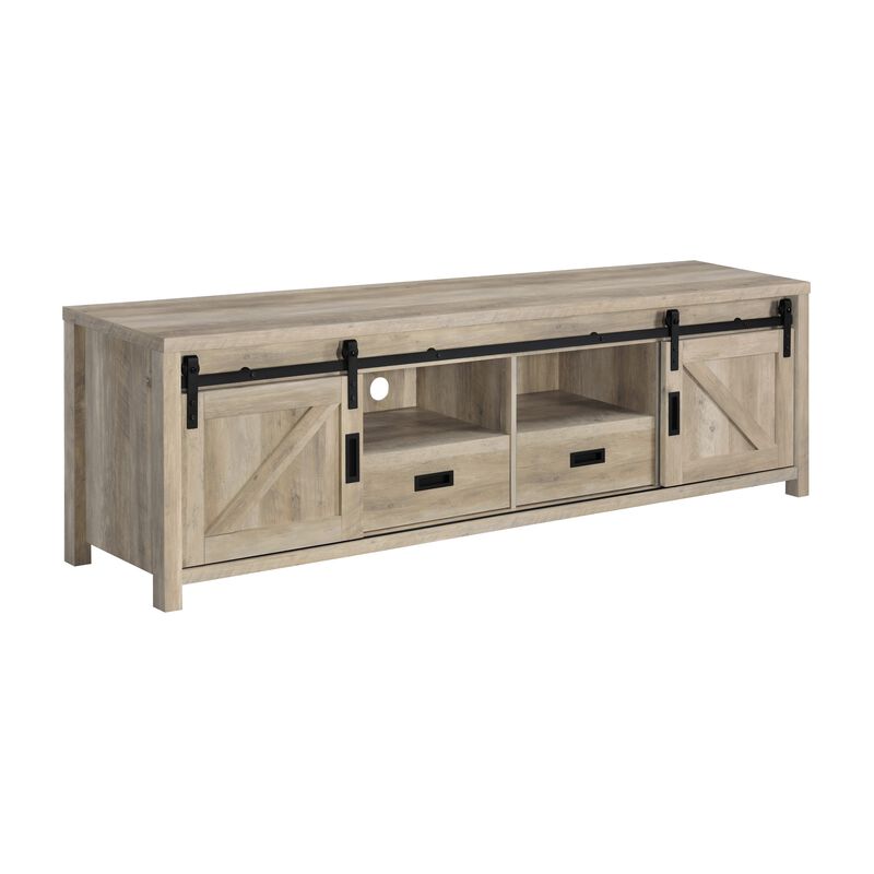 Sem 79 Inch TV Media Entertainment Console, Sliding Doors, 2 Drawers, Brown - Benzara