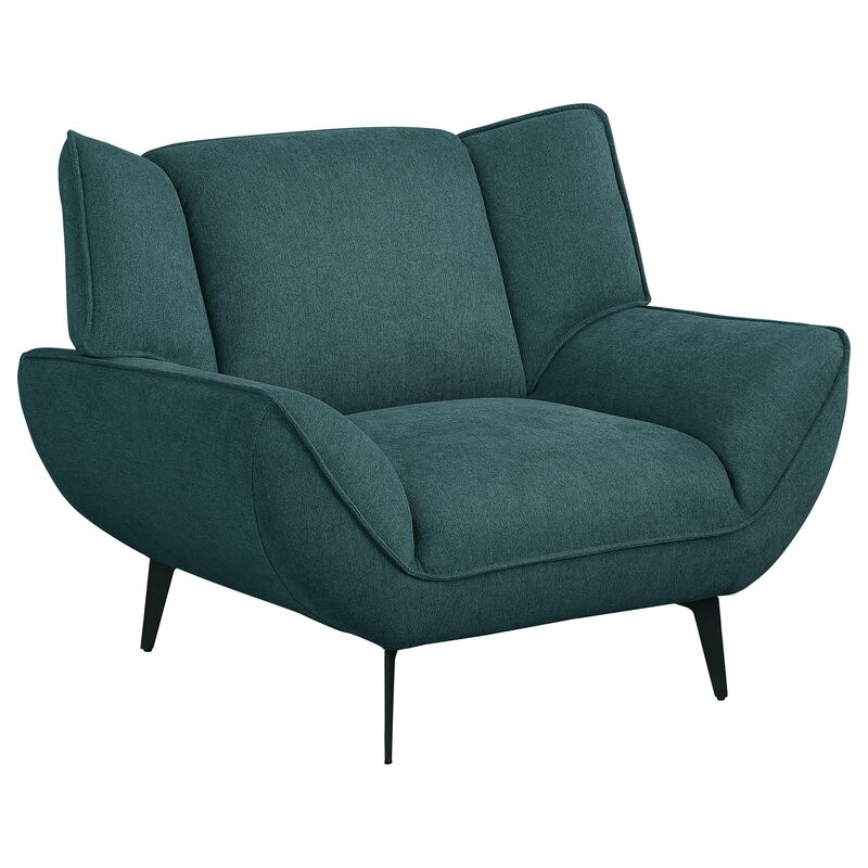 Toer 43 Inch Accent Sofa Chair, Flared Arms, Teal Blue Fabric, Black Metal
