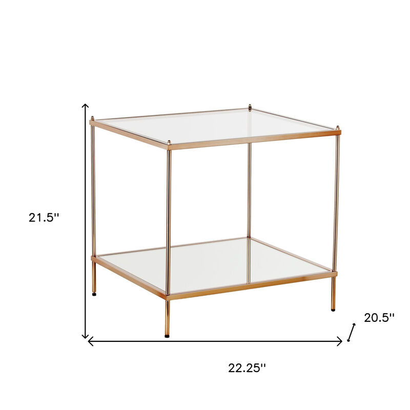 Hivvago 22 Inch Clear And Gold Glass And Iron Square End Table With Shelf