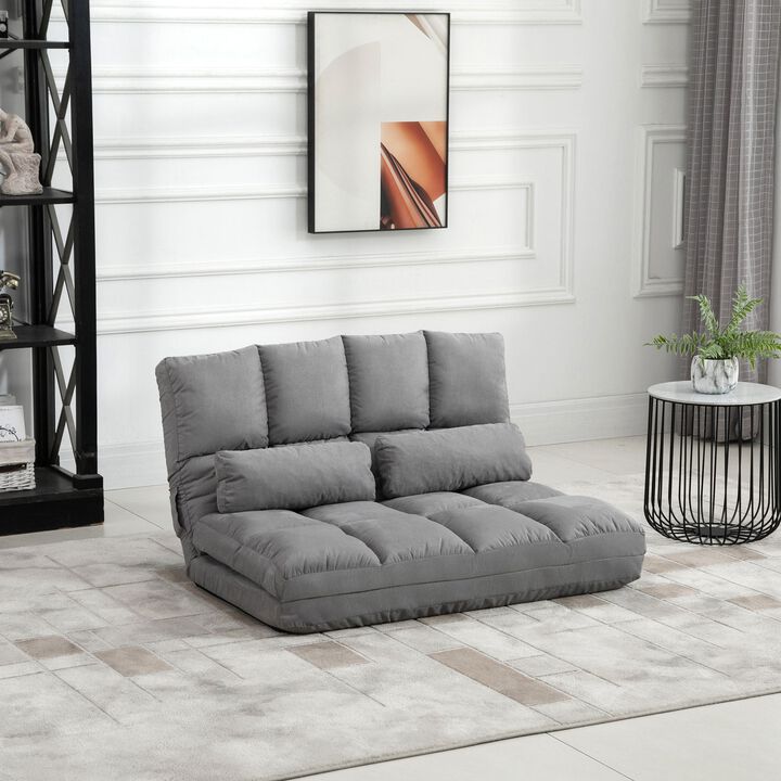 Convertible Floor Sofa Chair, Folding Upholstered Couch Bed, Adjustable Guest Chaise Lounge with Metal Frame and 2 Pillows, Gray