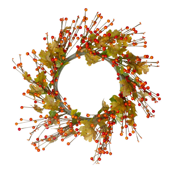 Orange Berries and Yellow Leaves Fall Harvest Artificial Wreath  22"