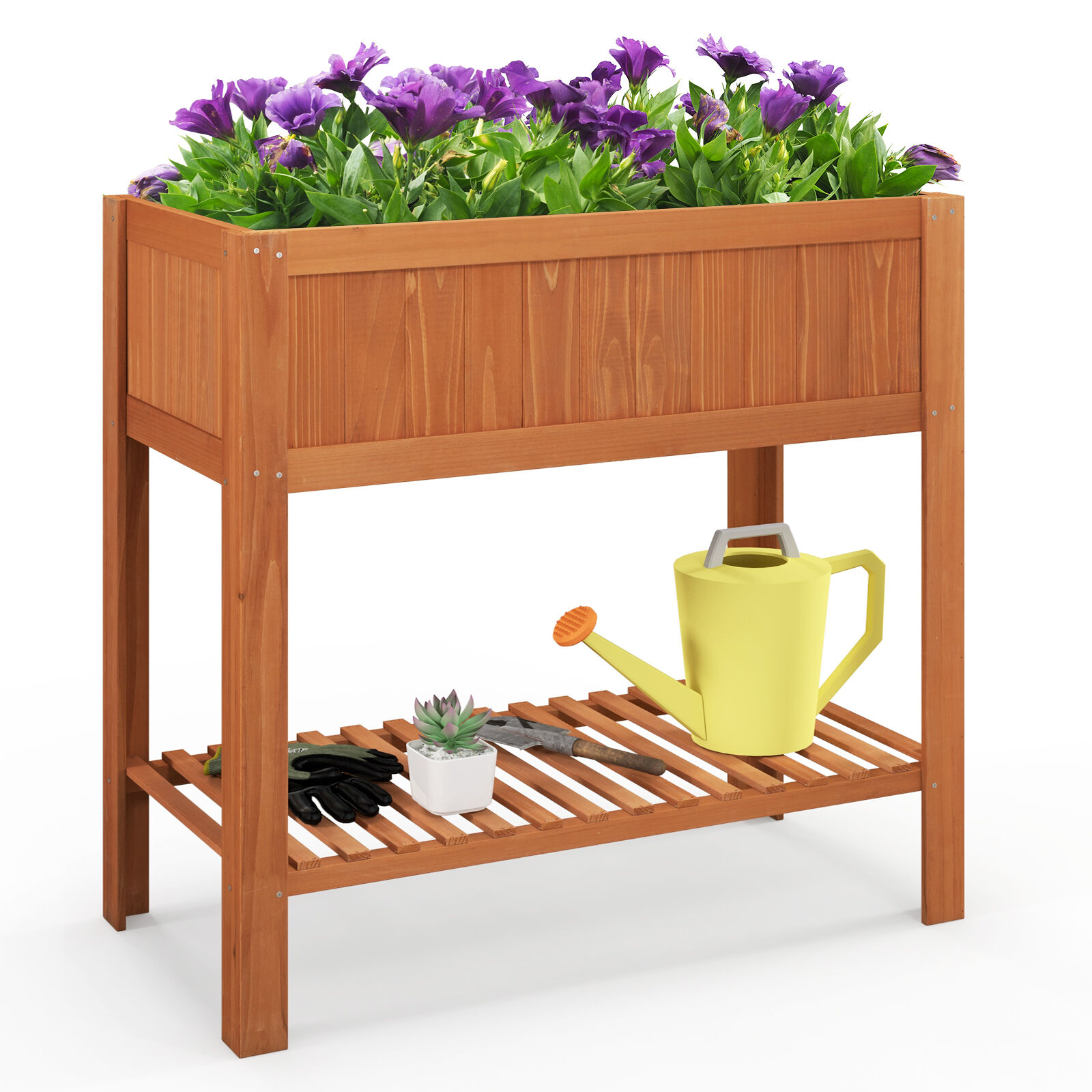 Outdoor Raised Garden Bed Fir Wood Planter Box with Bottom Storage