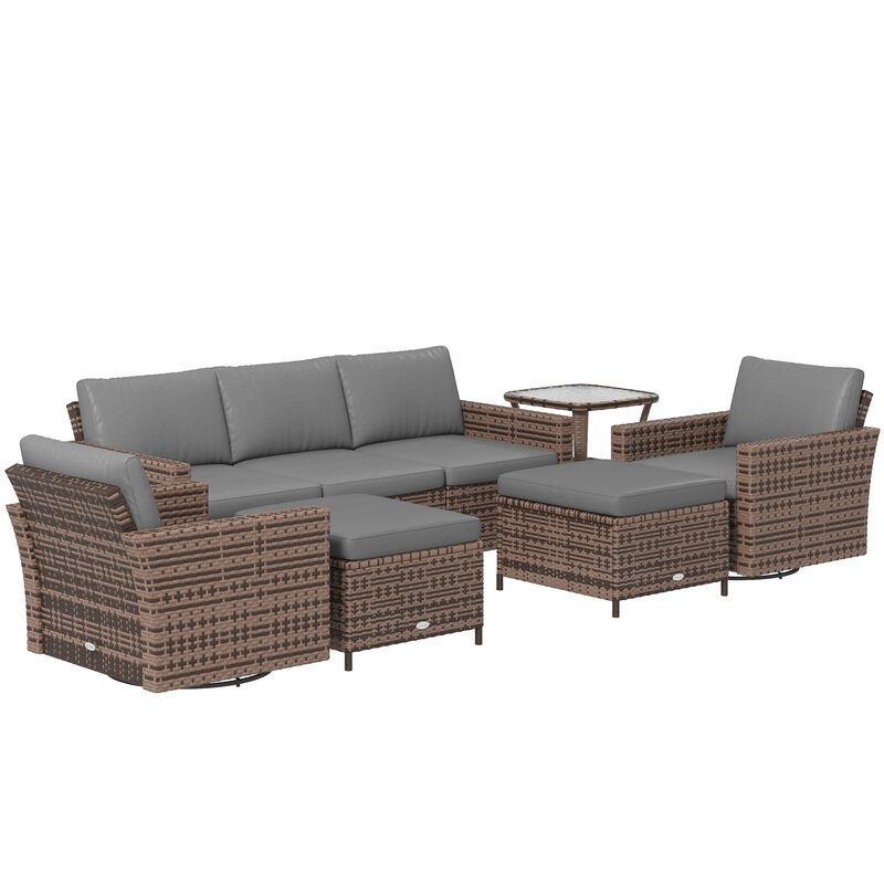 Outsunny 6 Piece Patio Furniture Set with Rattan 3-seater Sofa, Swivel Rocking Chairs, Footstools, Table, Outdoor Conversation Set for Backyard, Lawn and Pool, Mixed Brown