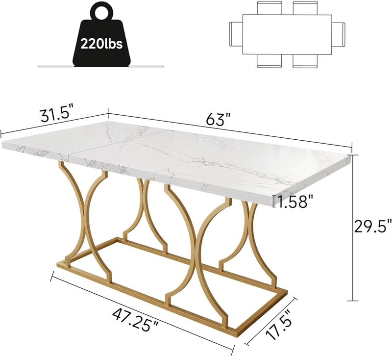 63" Luxury Dining Table Kitchen Dining Room Table Rectangle Modern Marble White Dinner Table with Gold Metel Frame for 6 People image number 5