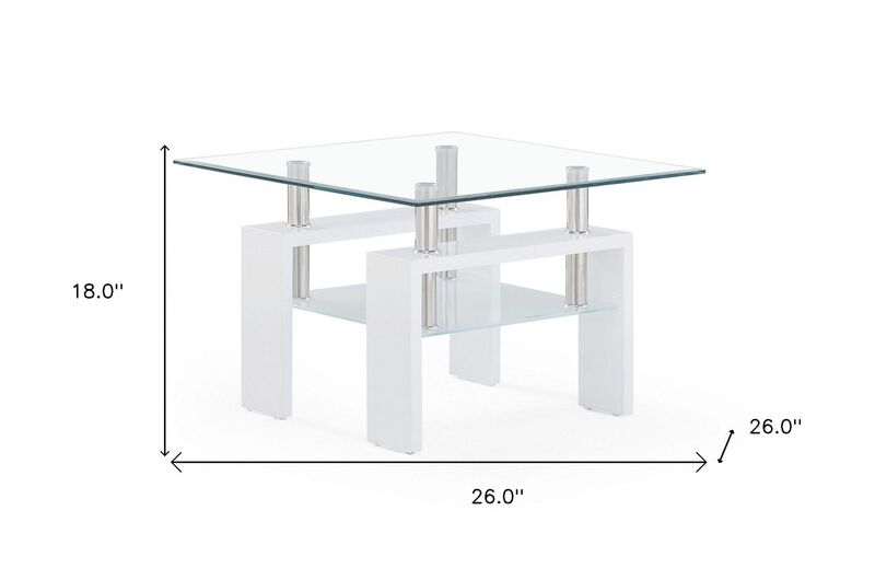 Homezia White Glossy Leg End Table With Rectangular Clear Glass Top