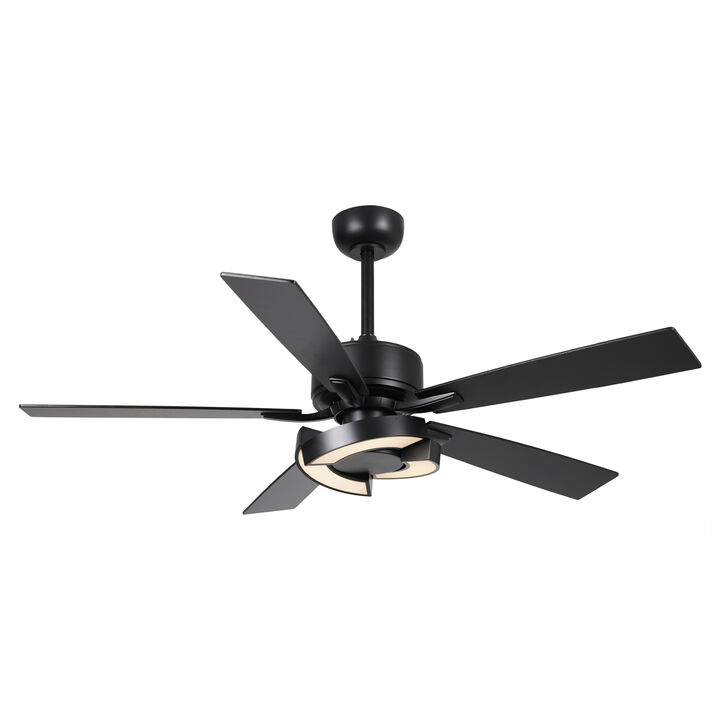 52" Black Wooden 5-Blade Dimmable Modern Ceiling Fan with Light and Remote
