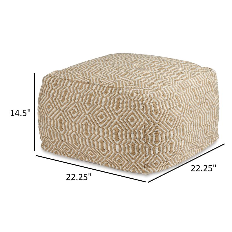 Sena 22 Inch Ottoman Pouf, Handwoven Pattern, Cotton Cover, Beige White - Benzara