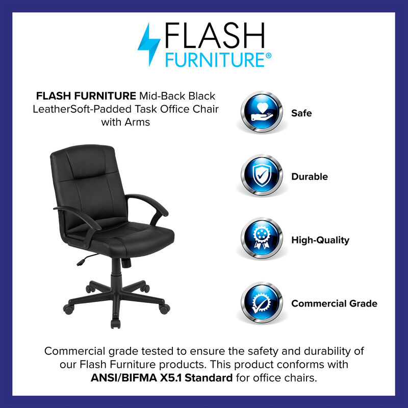 Coffman Flash Fundamentals Mid-Back Black LeatherSoft-Padded Task Office Chair with Arms image number 9
