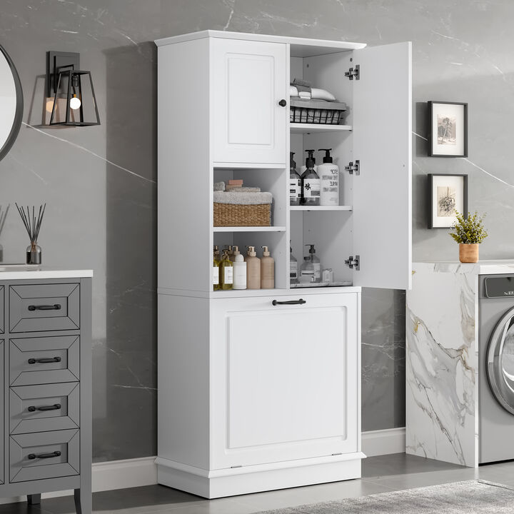 Merax Tall Storage Cabinet with Adjustable Shelves, Large Flip-Out Basket & Enclosed Cabinets – Perfect for Bathroom