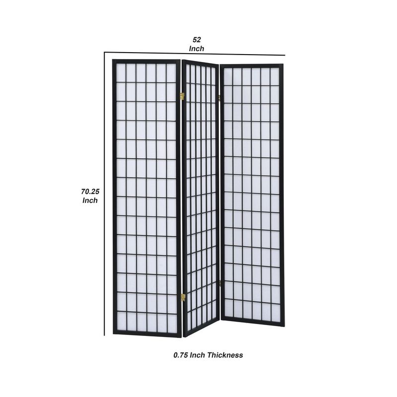 3 Panel Screen with Grid Design Wooden Frame, Black-Benzara