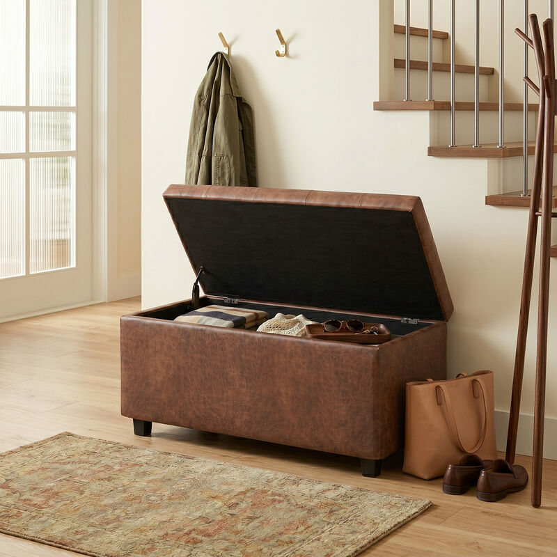 Cosmopolitan 34 inch Wide Transitional Rectangle Storage Ottoman in Distressed Saddle Brown Vegan Faux Leather, Assembled image number 2