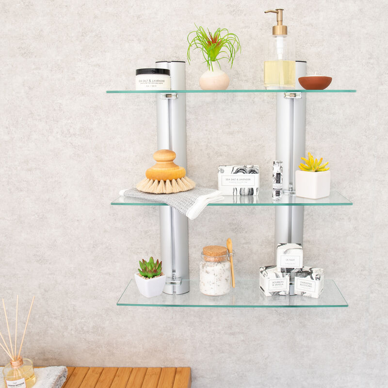 Decorative Wall-Mount 3-Tier Adjustable Glass Wall Shelves on Aluminum Bars