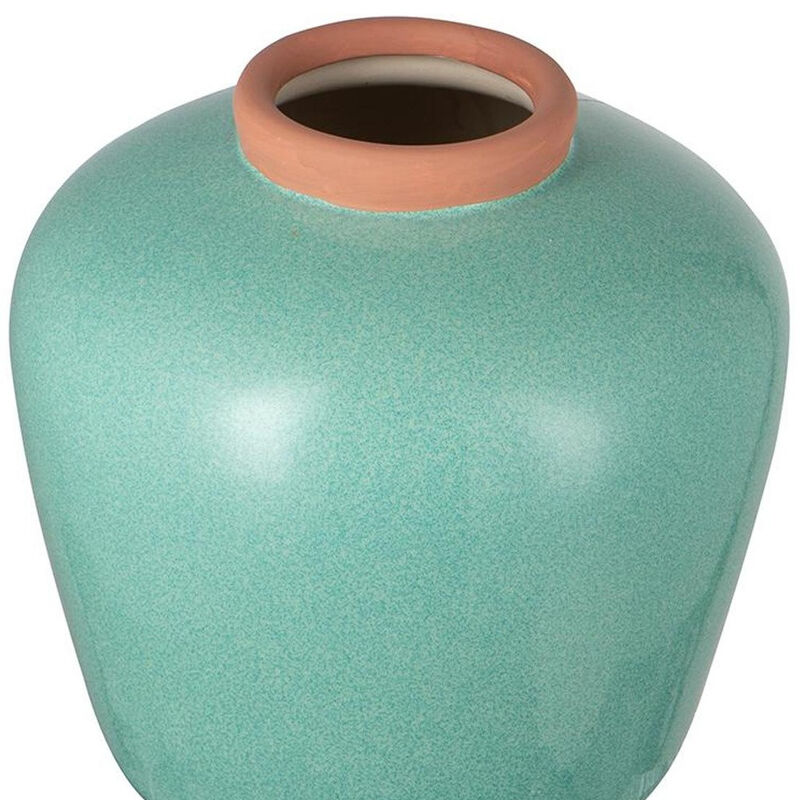 HomeRoots 9" Natural And Teal Blue Ceramic Round Table Vase image number 2