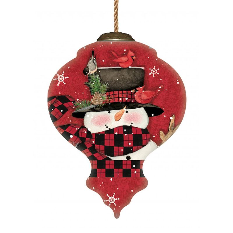HomeRoots  Plaid Snowman & Cardinals Hand Painted Mouth Blown Glass Ornament Multi Color