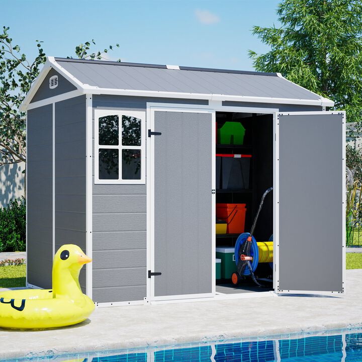 8 x 6 FT Plastic Utility Shed, Lockable Storage Shed for Garden Tools & Trash Bins, All-Weather Outdoor Organizer