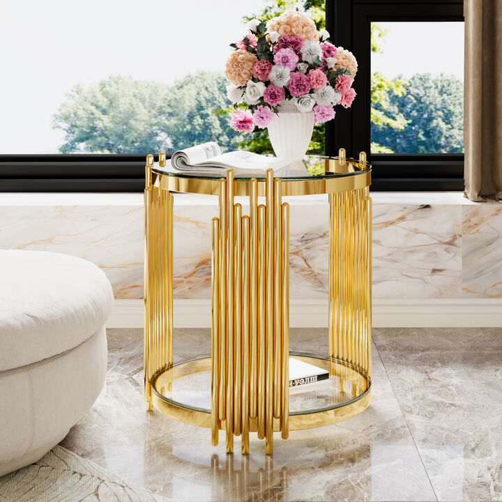 Merax Modern Mirror Round End Table Asymmetrical Metal Frame with Lower Shelf