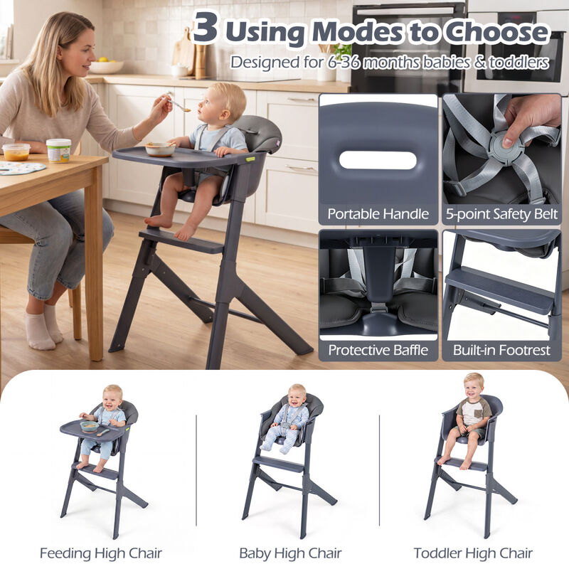 3 in 1 Convertible Baby High Chair with Tray and Adjustable Footrest image number 5