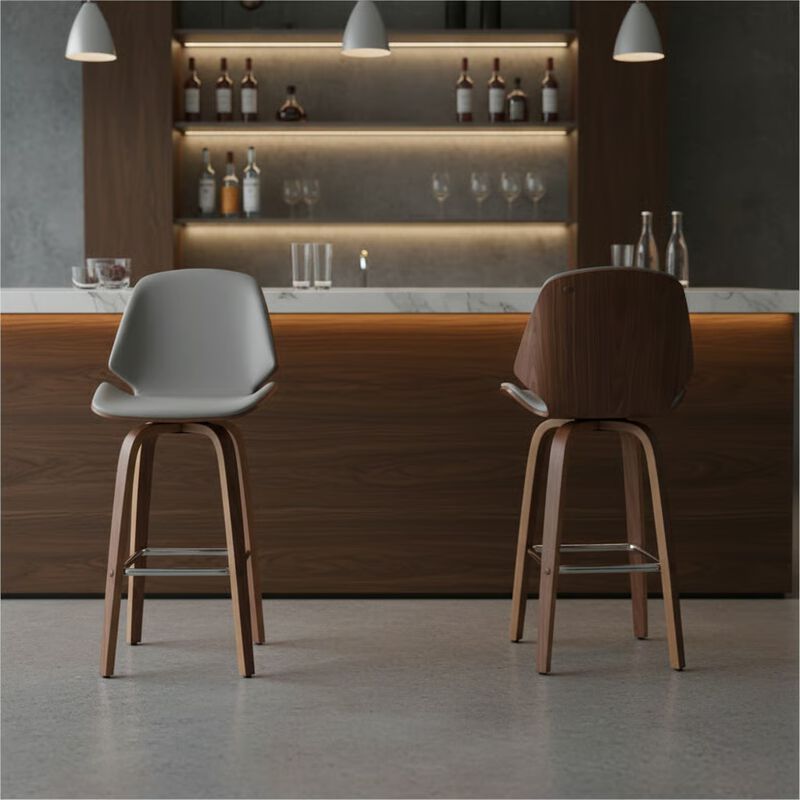 26" Gray Faux Leather and Walnut Wood Swivel Bar Stool image number 2