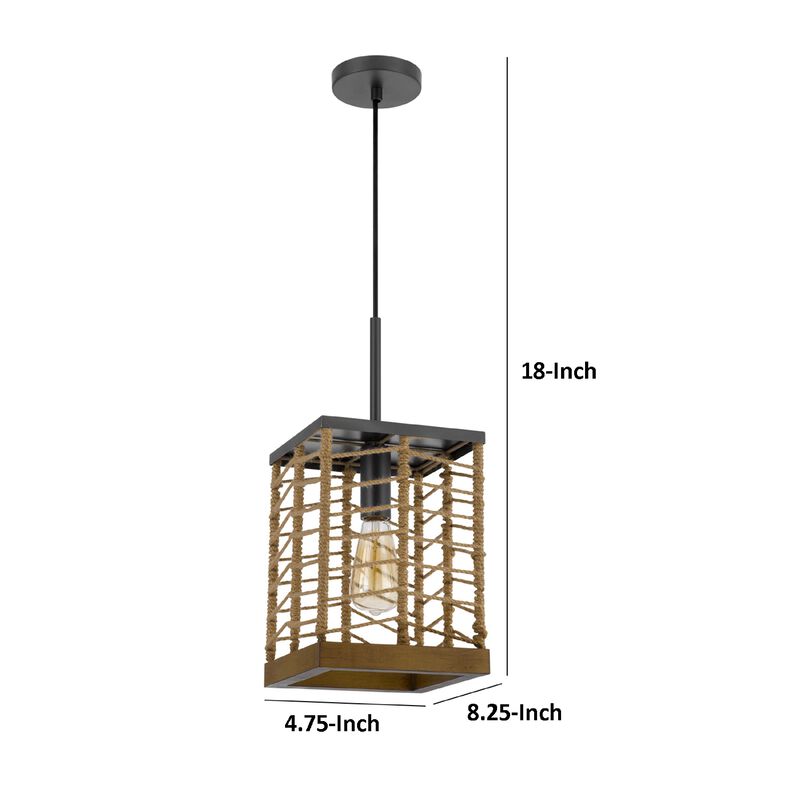 Pendant Light, Braided Burlap Shade, Square Caged Design, Black Metal image number 7