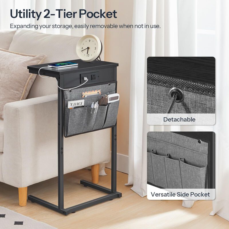 HOOBRO C Shaped End Table with Charging Station, 28"" Tall Couch Table for Couch and Recliner for Small Spaces, Slide Under Sofa