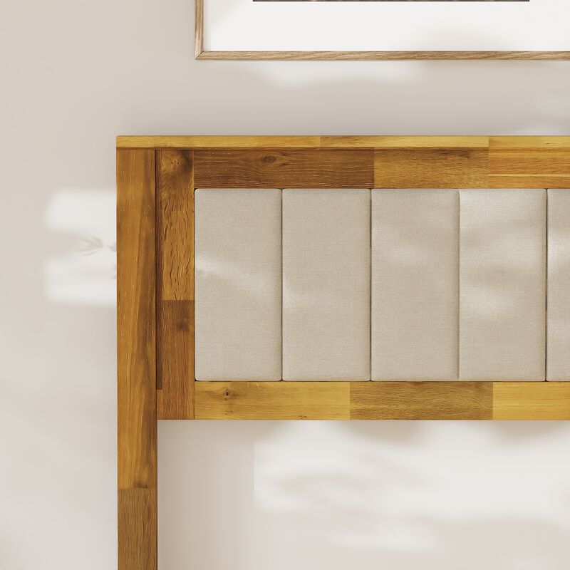 FUFU&GAGA Solid Wood Upholstered Bed with Storage Drawers, Acacia Wood Frame & Gray Linen Headboard, One-Side Drawer Design, (84 in. W x 63.5 in. D x 41.7 in. H), Wood Tone & Natural Finish