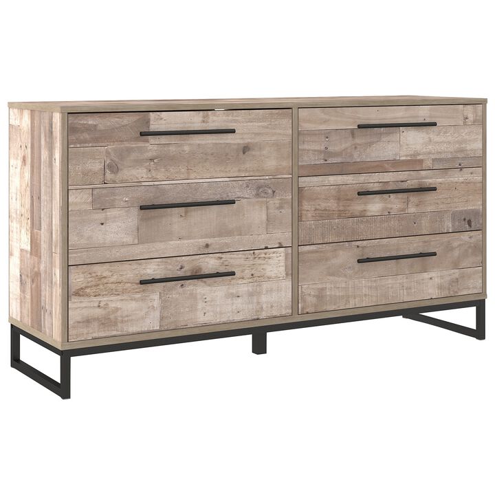 6 Drawer Wooden Dresser with Metal Legs, Washed Brown and Black-Benzara