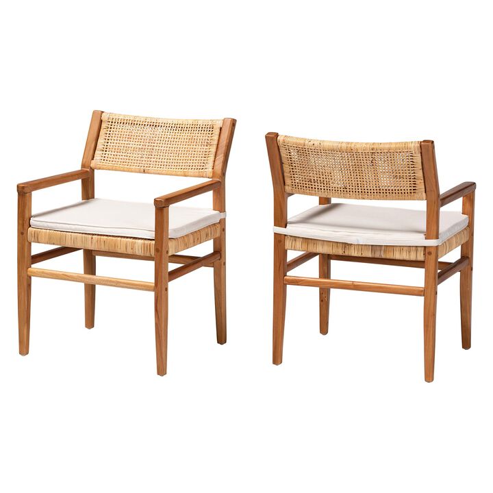 bali & pari Chatura Natural Rattan and Mahogany Wood 2-Piece Dining Armchair Set &ndash; Handwoven Wicker Dining Chair with Angled Back, Coastal Boho Seating for Dining or Kitchen
