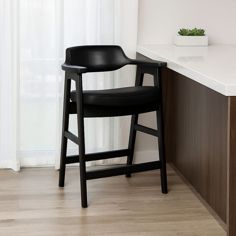 Zsy Counter Stool Chair, Open Back, Black Birch Wood and Faux Leather