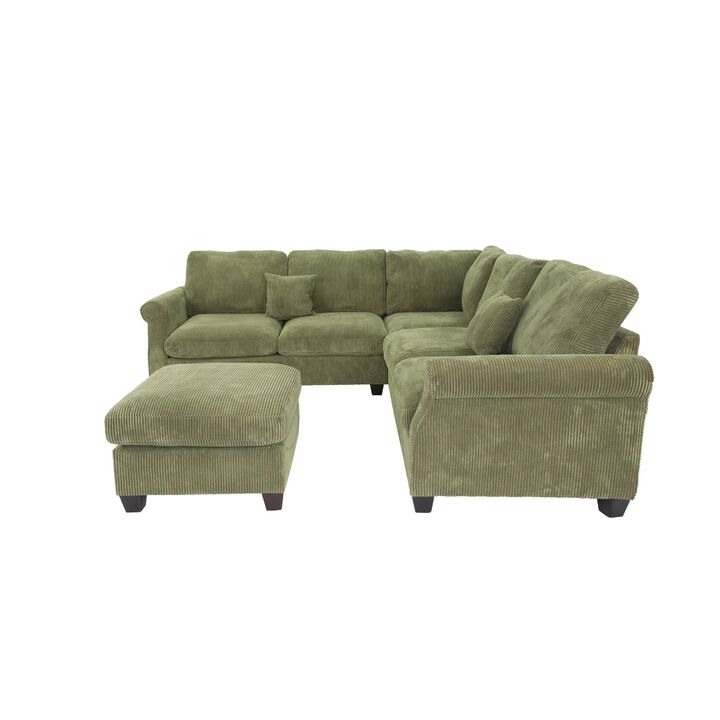 Fero 4pc L Sectional Sofa, Wedge n Ottoman Set, Sage Green Corduroy