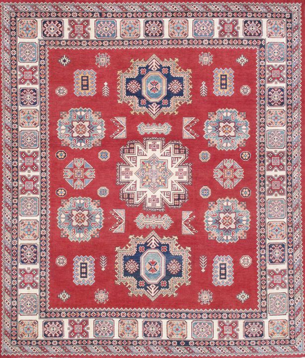 Pasargad Home Tribal Hand-Knotted Wool Red/Ivory Area Rug- 8' 1'' X 9' 8''