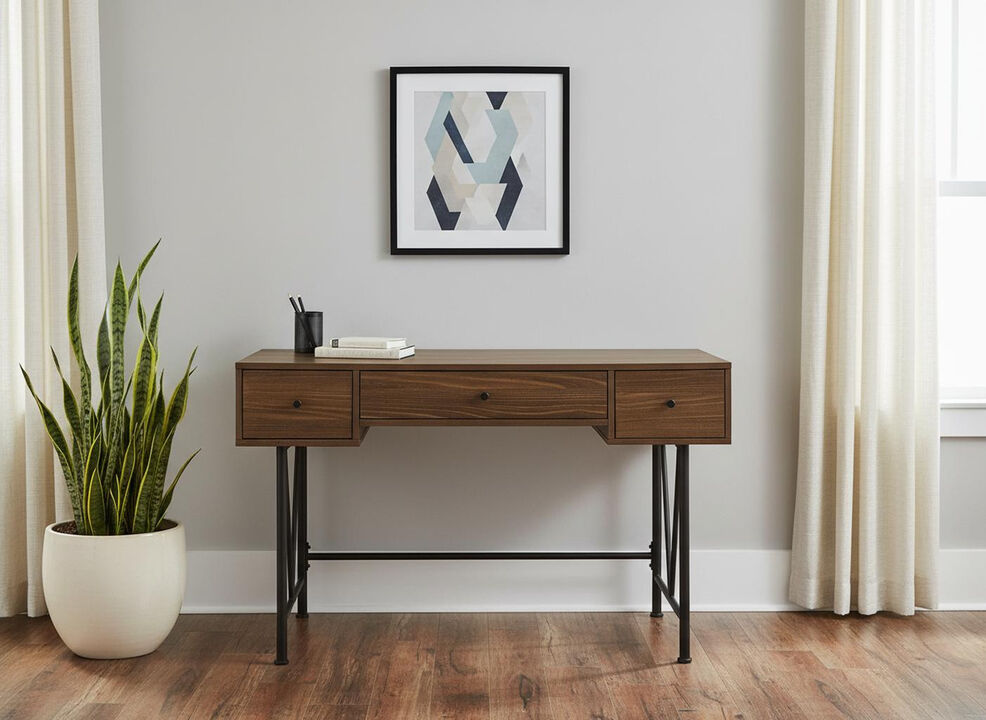 HomeRoots 47" Brown and Black Wood and Metal Sled Computer Desk With Three Drawers
