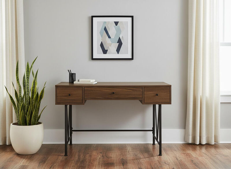 HomeRoots 47" Brown and Black Wood and Metal Sled Computer Desk With Three Drawers image number 1