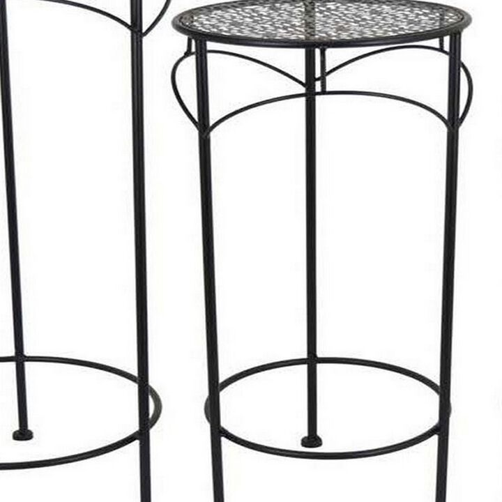 Gyi Nesting Plant Stand Side Table Set of 3, Round Carved Top, Black Metal - Benzara